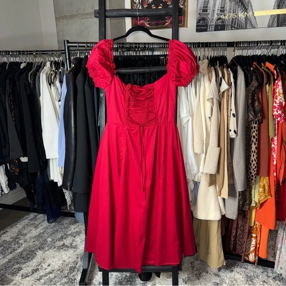 Babyboo Courtney Red Off-Shoulder Corset Midi Dress with Slit - Picture 8 of 13